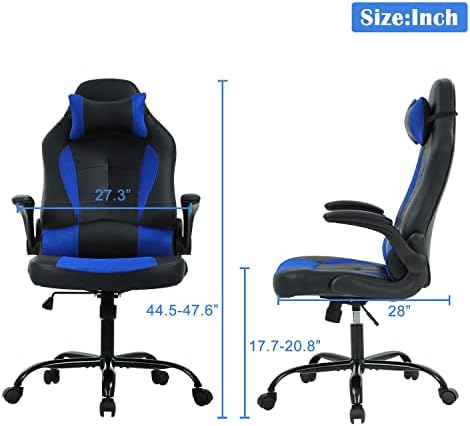 Blue Gaming Chair, PU Leather Gaming Chairs for Adults, Comfy Office Chair Ergonomic Desk Chair Computer Chair with Flip Up Arms, Swivel Reclining Gamer Chair, Height & Backrest Adjustable, 300 Lbs