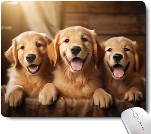 Cute Dog Mouse Pad,Three Adorable Golden Retrievers Healing Smiles That Blend Seamlessly with The Warmth of a Lazy Afternoon Sun Mouse Pad, Non-Slip Rubber Base Mousepad Waterproof for Kids Desk Pad