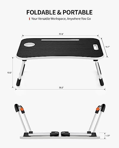 FISYOD Foldable Laptop Table, Portable Lap Desk Bed Table Tray, Laptop Stand with Cup Holder & Tablet Slot & Lifting Handle for Working Writing Drawing & Eating (Black)