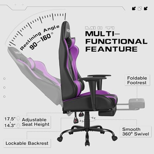 Homall Gaming Chairs, Computer Chair with Footrest and Massage Lumbar Support, Height Adjustable Game Chair with Headrest and Swivel Seat (Purple)