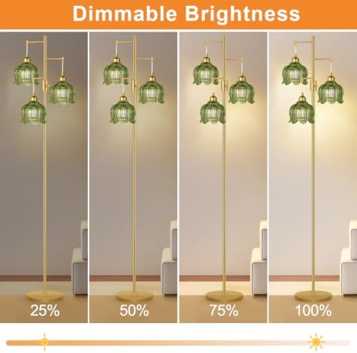 Vintage Floor Lamps for Living Room 3 Light Glass Floor Lamp with 3 Color Temperatures, Dimmable Green Floor Lamp Gold Mid Century Modern Standing Lamp Tall Tree Flower Floor Lamp for Bedroom Corner