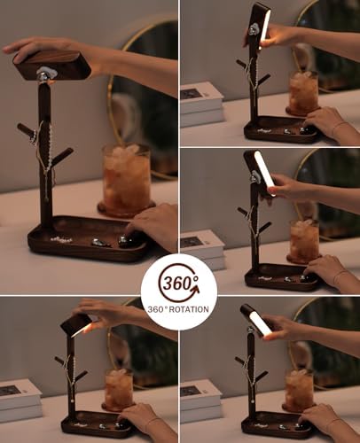 Rechargeable Table Lamp, Unique Wooden Bedside Lamp with Tray