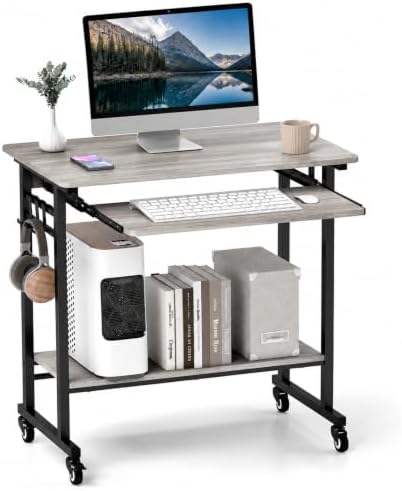 Rolling Desk with Keyboard Tray, Small Computer Desk with Wheels (Gray)