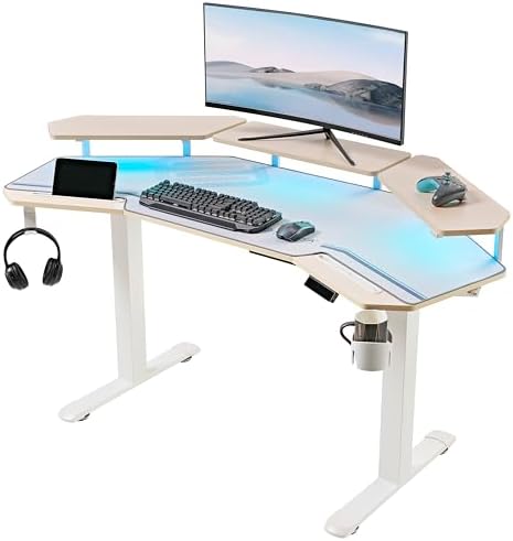 EUREKA ERGONOMIC Standing Desk,63" Electric Adjustable Height Computer Desk,Wing Shaped Music Studio Desk, LED Monitor Stands, Dual Motor&Slot, Maple
