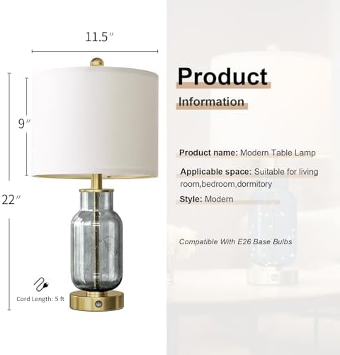 Oneach 22" Glass Table Lamps Set of 2 with LED Nightlight for Bedroom, Gray