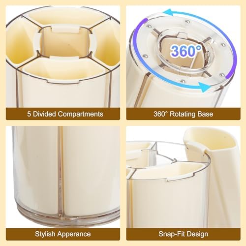 Comix 360° Rotating Pen Holder for Desk, Beige Pencil Holder with 5 Slots