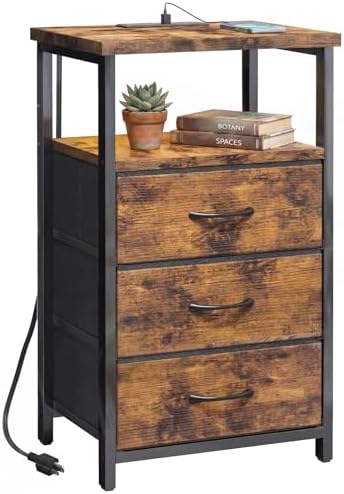 Fixwal Night Stand with Charging Station, 3 Fabric Drawers, Rustic Brown