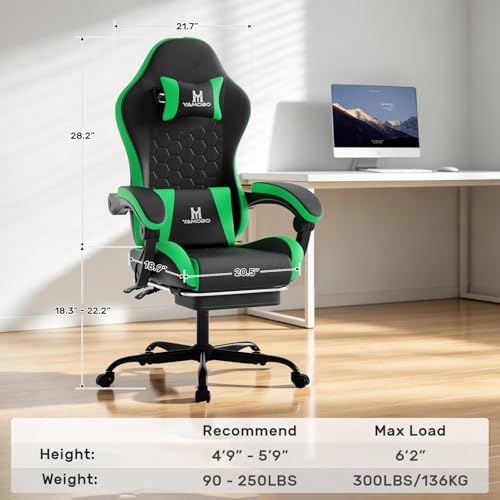 Gaming Chair, Computer Office Chair with Footrest, Adjustable Height & Backrest Gaming Chairs with Swivel for Adults, High Back PU Leather Ergonomic Chair with Lumbar Support, Blackgreen