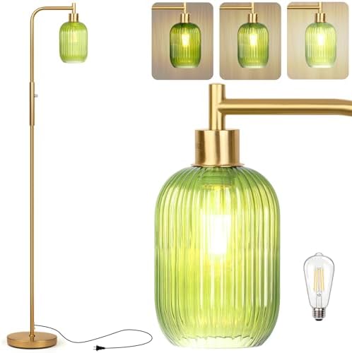 Ruiever Glass Floor Lamp for Living Room, Dimmer Standing Lamp with Green Ribbed Lampshade,66” Tall Lamp & Gold Floor Lamp for Bedroom Study Room,Brushed Gold (Green)