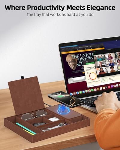 Leather Valet Tray with Wireless Charging Pad - Luxury EDC Nightstand Organizer for Men - Premium Desk Tray for Phone, Watch, Glasses & Keys - Sleek Office Desk Accessories & Gift for Him, Brown