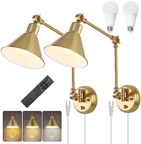 TRLIFE Wall Sconce with Remote Control, Brushed Brass Plug in Wall Sconces Dimmable and Adjustable Color Temperature 2700K-6000K, Swing Arm Wall Lights with Plug in Cord, UL Listed(2 Pack, 2 Bulbs)