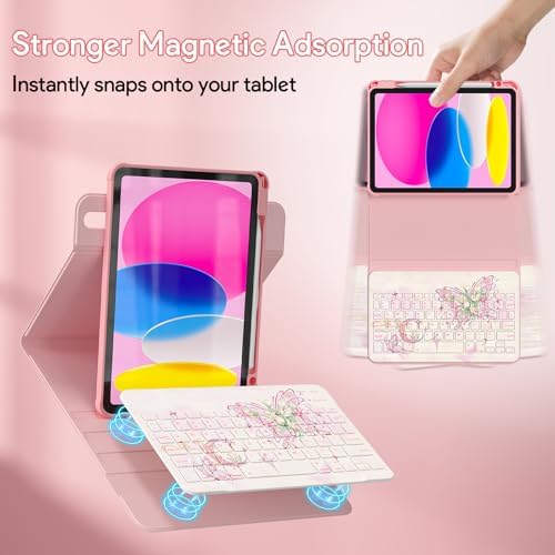 YBING Keyboard Case for iPad 10th Gen 10.9 inch(2022) & 11th Gen(A16, 2025), Painted Patterns Detachable Keypad & Rotatable Magnetic Case with Pencil Holder (Butterfly Pink)