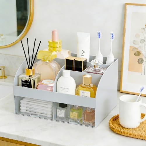 Makeup Organizer with 2 Drawers, Cosmetic Storage for Dresser Vanity and Bathroom Countertop,Make up organization and Skincare Storage with Beauty Brush Holder, Cosmetic Display Case (Grey)