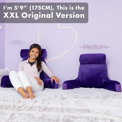 Husband Pillow XXL The Original for Adults - 30" Tall Backrest for Sitting Up in Bed - Firm Support Reading & Bed Rest Pillows for Adults, Neck Roll, Removable Cover - TV - Purple