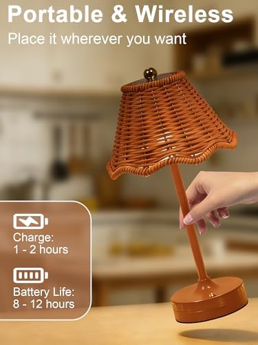 Cordless Rattan Table Lamp,Small Wicker Lamp,Vintage Boho Desk Lamp