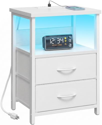 Fixwal Night Stand with Charging Station, White Led Nightstand, 2 Drawers