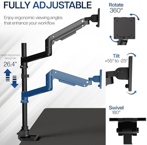 VIVO Pneumatic Arm Single Ultrawide Monitor Extra Tall Desk Mount for Up to 49 inch Screens, Heavy Duty Clamp, Holds Ultra Wides Up to 44 lbs, Black, STAND-V110K