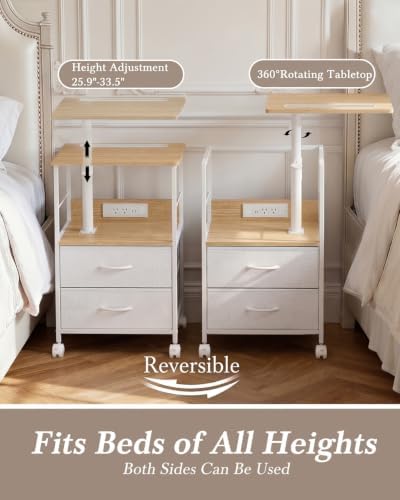 Faesun Night Stand with Charging Station & Swivel Top, Oak White