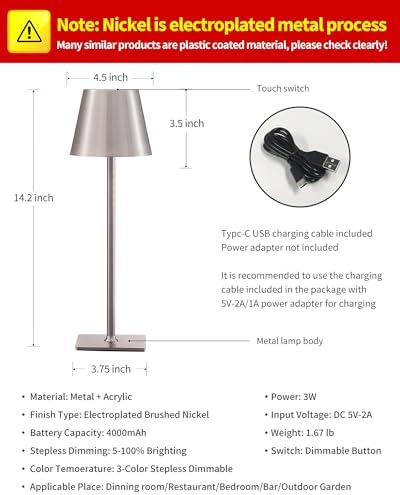KDG 2 Pack Cordless Brushed Nickel Table Lamps, Portable LED Desk Lamp