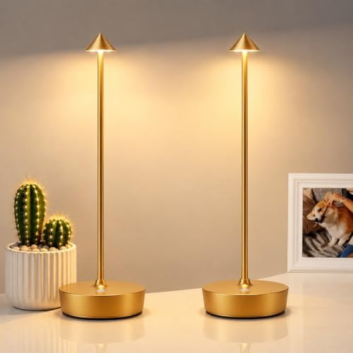 Set of 2 LED Cordless Table Lamp, Rechargeable Battery Operated Dimmable Restaurant Table Lamp, 6000mAh, Outdoor Patio Gold