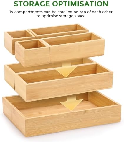 MapleGrace Bamboo Drawer Organizer Set, 14 PCS Wood Storage Organizers