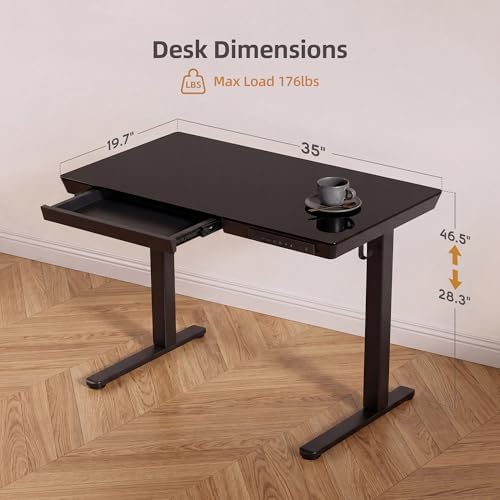 INNOVAR 35" Small Glass Standing Desk with Drawers & USB Ports, Whole-Piece Glass Top Adjustable Height Desks, Quick-Install Electric Sit-Stand Up Desk for Home Office & Computer Workstation, Black