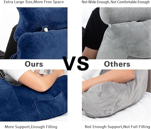 SLIGUY Reading Pillow-Extra Large 31" Bed Rest Pillow with Detachable Neck Roll & Arms for Sitting in Bed or Couch-Adult Backrest Reading Pillow for Reading/Watching TV/Gaming/Relaxing-Dark Blue