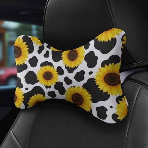 Car Headrest Pillow Black White Milk Cow Spots Print Sunflower 2 Pack Memory Foam Cervical Support for Travel Sleeping