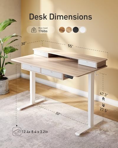 FEZIBO 60 x 30 inch Standing Electric Desk with Drawers, Light Rustic Brown