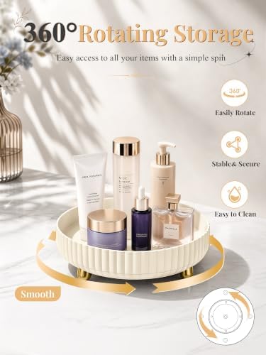 360 Rotating Makeup Organizer - Perfume Vanity Skincare Tray Beige