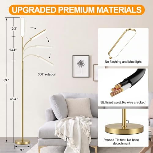 marctronic Gold Polished Floor Lamp, 18W 1800LM LED, Luxury Decor Style & Stepless Dimming, Eye-Caring Timing Reading Lamp for Bedroom/Living Room