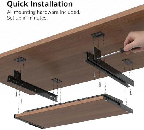 1 Set Underdesk Keyboard Tray Sliding Rails, 14-23 Inch Heavy Duty Steel Drawer Slides Ball Bearing Extension Rails Hardware Kit Pull Out Computer Keyboard Slides Quiet Mount Track Telescopic Runners