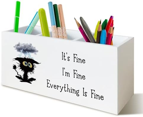 It's Fine Funny Cat Pen Holder for Desk, Funny Desk Accessories for Work, Sarcastic Office Humor Gifts Wooden Pen Pencil Holder Organizer for Office