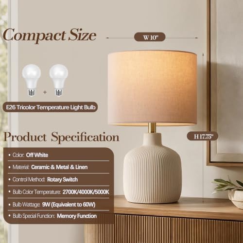 Rustic Ceramic Table Lamp for Living Room Bedroom, 17.75" Nightstand Lamp