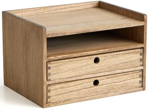 KIRIGEN Wooden Desk Organizer with 2 Drawers and Top Tray, Brown 3D2C-DBR