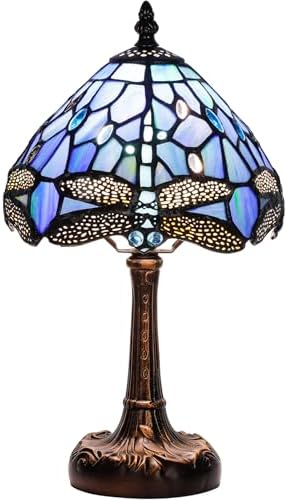 Stained Glass Bedside Small Table Lamp, Adjustable 3 Color Temperature, Blue Dragonfly Style Lampshade & Antique Leaf-Patterned Relief Base Desk Nightstand Light Decor for Bedroom Bookcase
