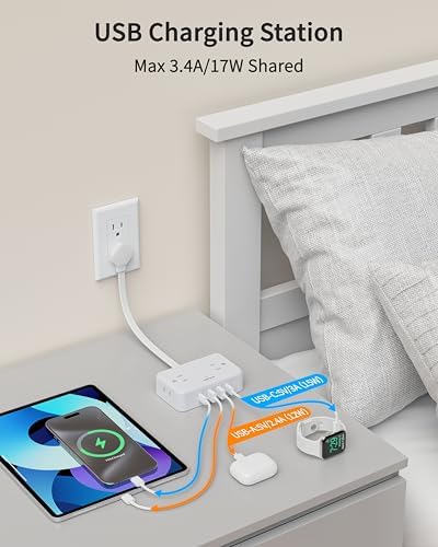Flat Plug Extension Cord, 4AC&2A2C, 0.5FT Short Power Strip for Travel