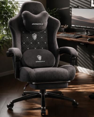 Dowinx Gaming Chair with Heated Massage Lumbar Support,Big and Tall Fabric Gaming Chairs for Adults with Footrest, Ergonomic Computer Game Chair with Poket Spring Cushions, 350lbs, Black