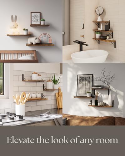 BAYKA Wall Mounted Floating Shelves (Rustic Brown, Set of 3, 16" Mixed)