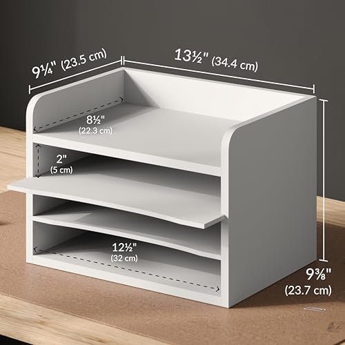 Ballucci File Organizer, 4-Tier Office Desk Organizer, Open Top Wood Paper Organizer for Classroom, Mail Sorter Paper Tray with Adjustable Storage Shelves, White
