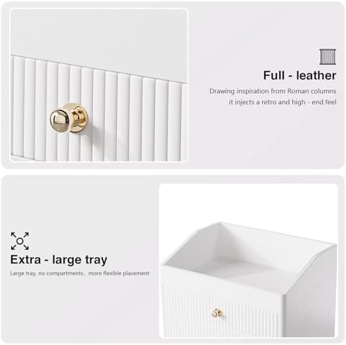 LADSTAG Desk Organizer,Beige White Vegan Leather Desk Accessories & Workspace Organizers with 2 Drawers & Tray,Key Holder with Gold-Tone Metal Accents knob，Jewelry Box,Nightstand