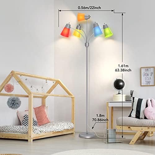 FOLKSMATE LED Floor Lamp, Medusa Multi-Head Modern Tall Standing Lamps, Adjustable Corner Reading Floor Light for Living Room, Bedroom, Kid Room, Classroom, Colored Lampshades, Silver Grey