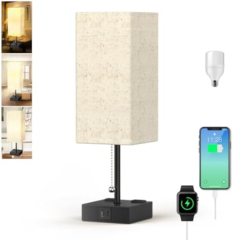 YIDPU Table Lamp for Bedroom with USB,Bedside Lamp with USB C+A Charging Ports,Adjustable 3color LED Light for Home Decor/Nightstand/Office,Included Bulb and Fabric Lamp Shade (Linen White, 1PCS)