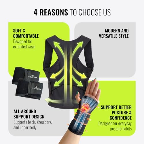 Posture Corrector for Back for Women and Men + 2 Compression Wristbands - Adjustable & Breathable Spine Support - Neck & Shoulder Comfort (Medium)