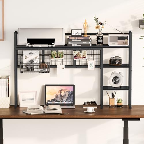 Snughome Desk Shelf, 44.9" Desktop Organizer Shelf, Desk Hutch for Computer Monitor, 4 Tier Desk Display Rack with Pegboard Hooks Set, Wood Desktop Bookshelf for Home Office Dorm