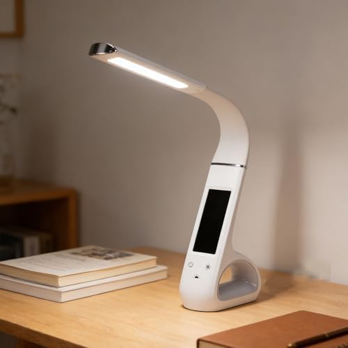 LED Desk Lamp, 3 Color Temperature Modes Eye Protection with 150 Degree Adjustable Goose Neck and VA LCD Screen, for Office Work Study Reading Bedroom (White)