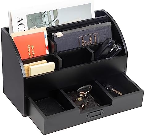 canwedance Distressed Rustic Wooden Office Desk Organizer 5 Compartment with 2 Drawer &Counter Desk Tabletop Desktop Mail Rack, Pens, Notebooks, Folders, Pencils and Office Supplie(black)
