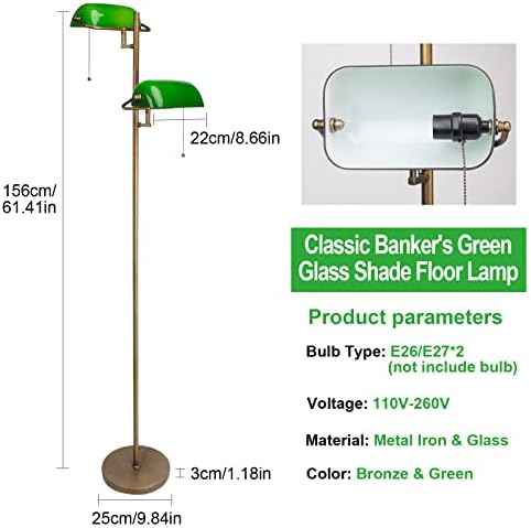 FIRVRE Green Glass Bankers Floor Lamp Classic Vintage Standing Lamp with Pull Chain Switch Adjustable Arm Reading Floor Light for Bedroom Headboard Workplace Office Piano Style Lamp