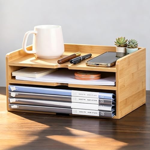 Bamboo Desk File Organizer, Stackable A4 Paper Tray Mail Holder for Office