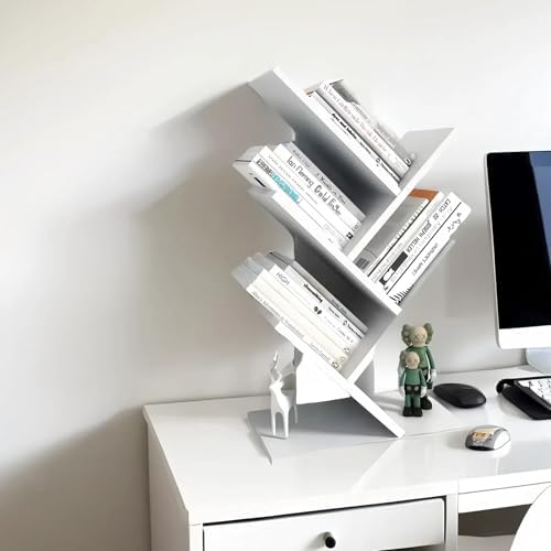 Small Bookshelf for Desk Decor, 5-Tier White Wood desktop bookshelf